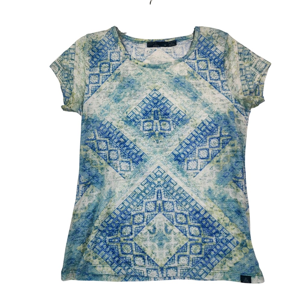 Prana Medium Blue Green Geometric Mosaic Print Tee Boho Yoga Athletic Shirt Top